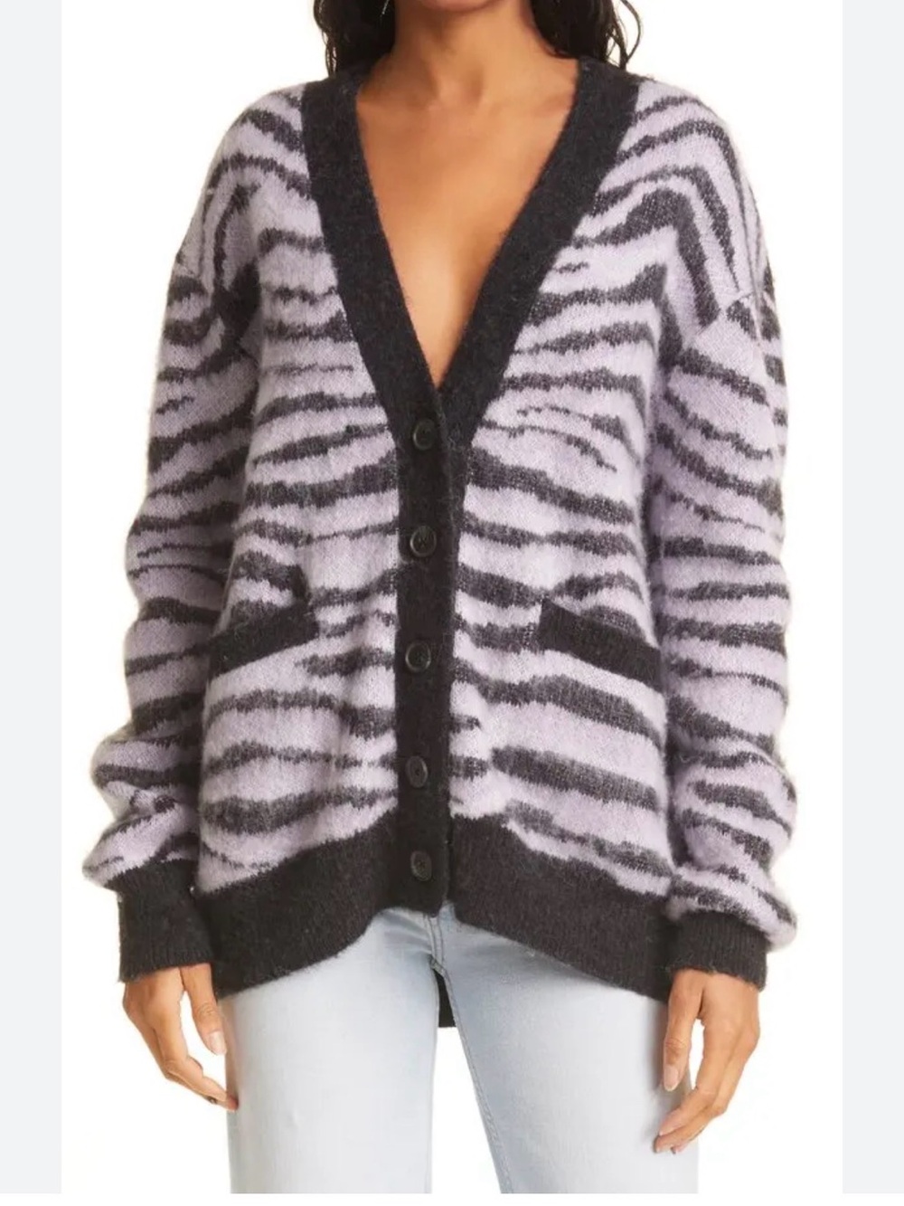 RE/DONE 90s Oversized Cardigan in Tiger Intarsia Black Purple S